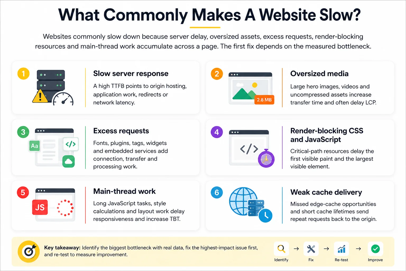Infographic showing common website speed problems including slow server response, oversized media, excess requests, render-blocking CSS and JavaScript, main-thread work and weak cache delivery